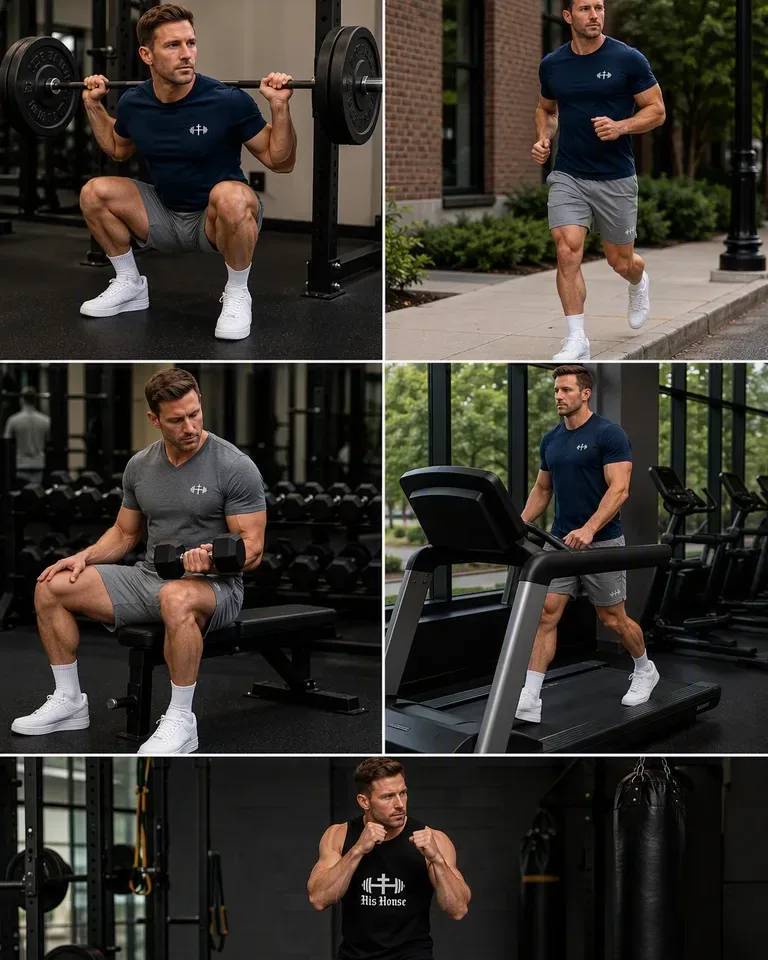 Man wearing His House workout apparel in navy, gray, green, and black during strength and cardio training