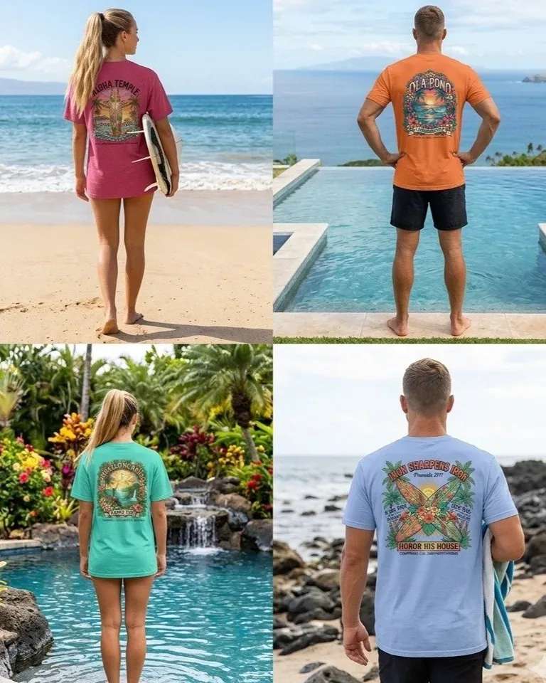 Women and men wearing Ola Pono graphic t-shirts at the beach, pool, garden, and shoreline
