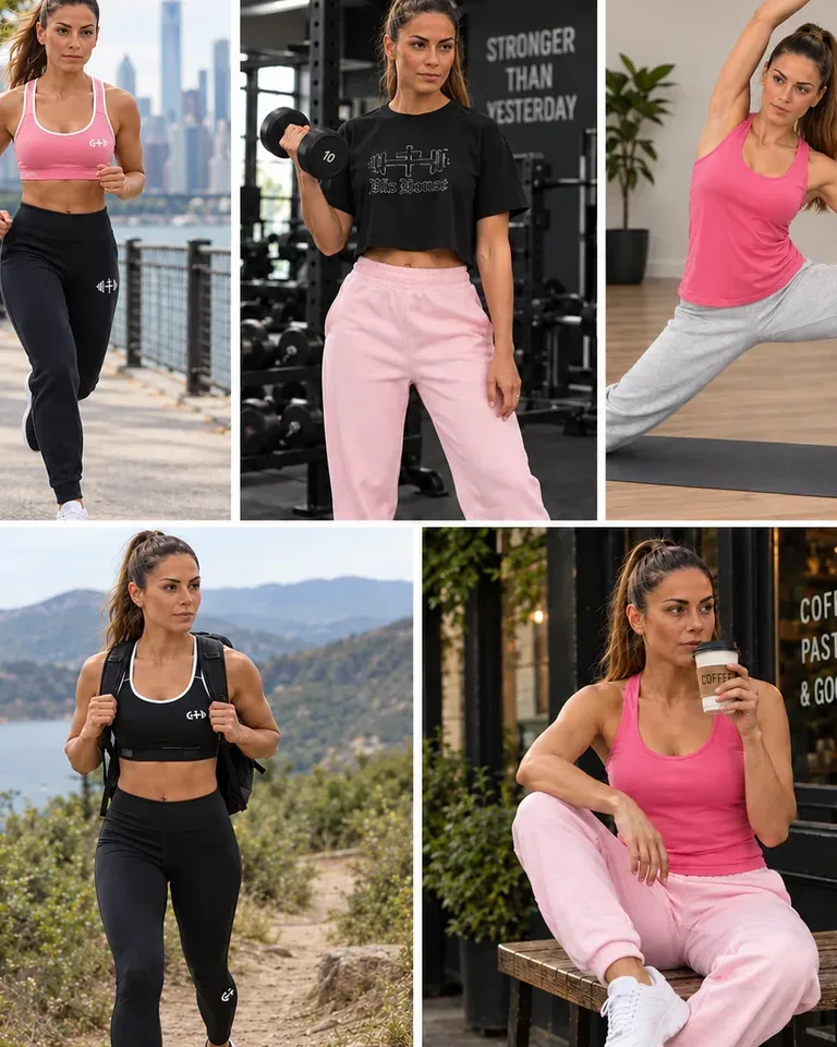 Women’s workout bundle with black leggings, black and pink padded sports bras, racerback tank, and classic crop tee