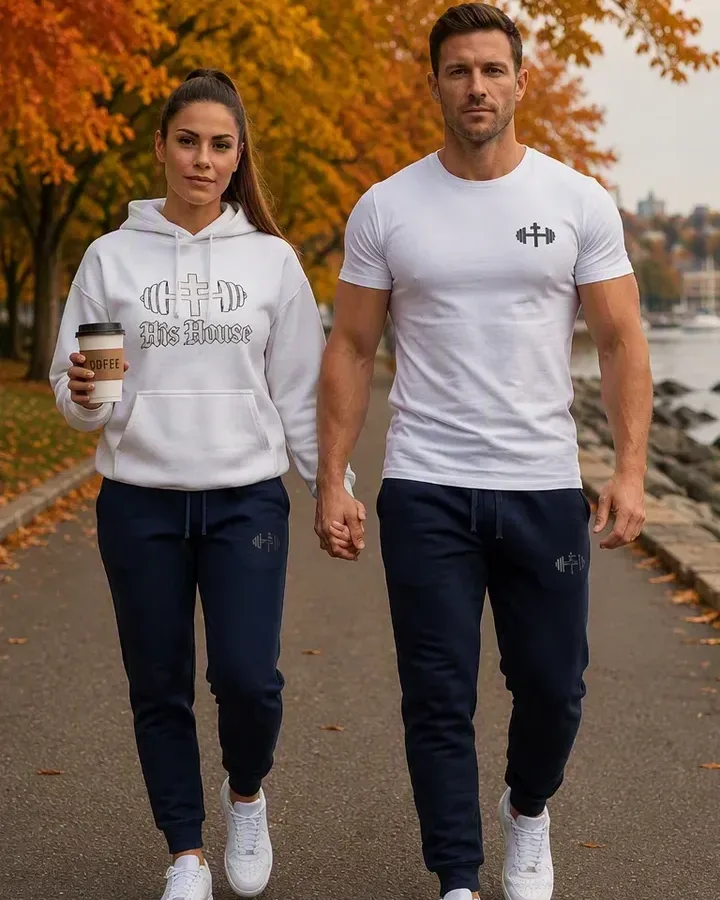 Man and woman walking together in His House Heritage joggers
