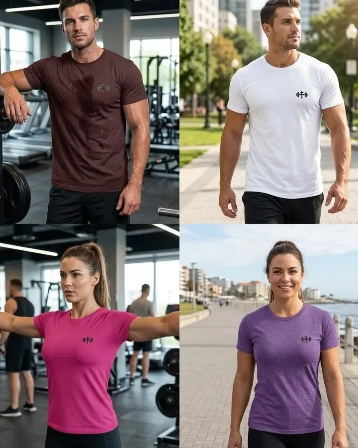 Four shots of a man and woman wearing the His House Heritage classic tee